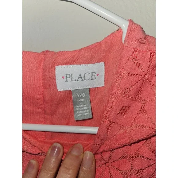 The Childrens Place Girls Coral Pink Floral Lace Shift Dress Short Sleeve 7/8 - Picture 4 of 7